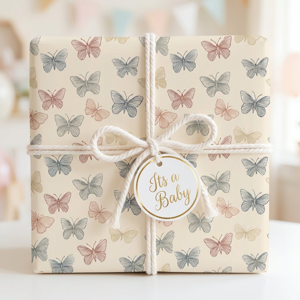 Gift wrapped in beige butterfly wrapping paper with twine and "It's a Baby" tag for a baby shower.
