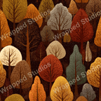 Autumn forest pattern design with various trees in hues of gold, brown, orange, and gray.