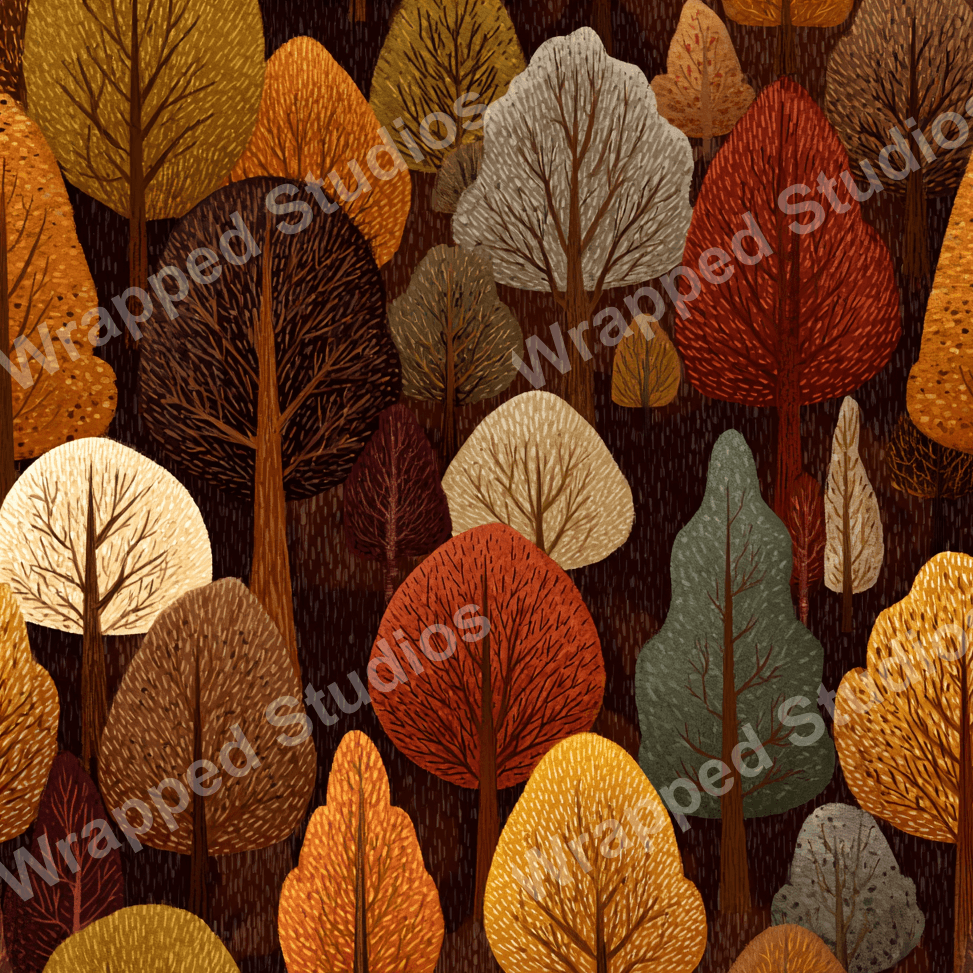Autumn forest pattern design with various trees in hues of gold, brown, orange, and gray.