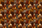 Seamless woodland pattern with autumn-colored trees in shades of brown, orange, green, and gray.