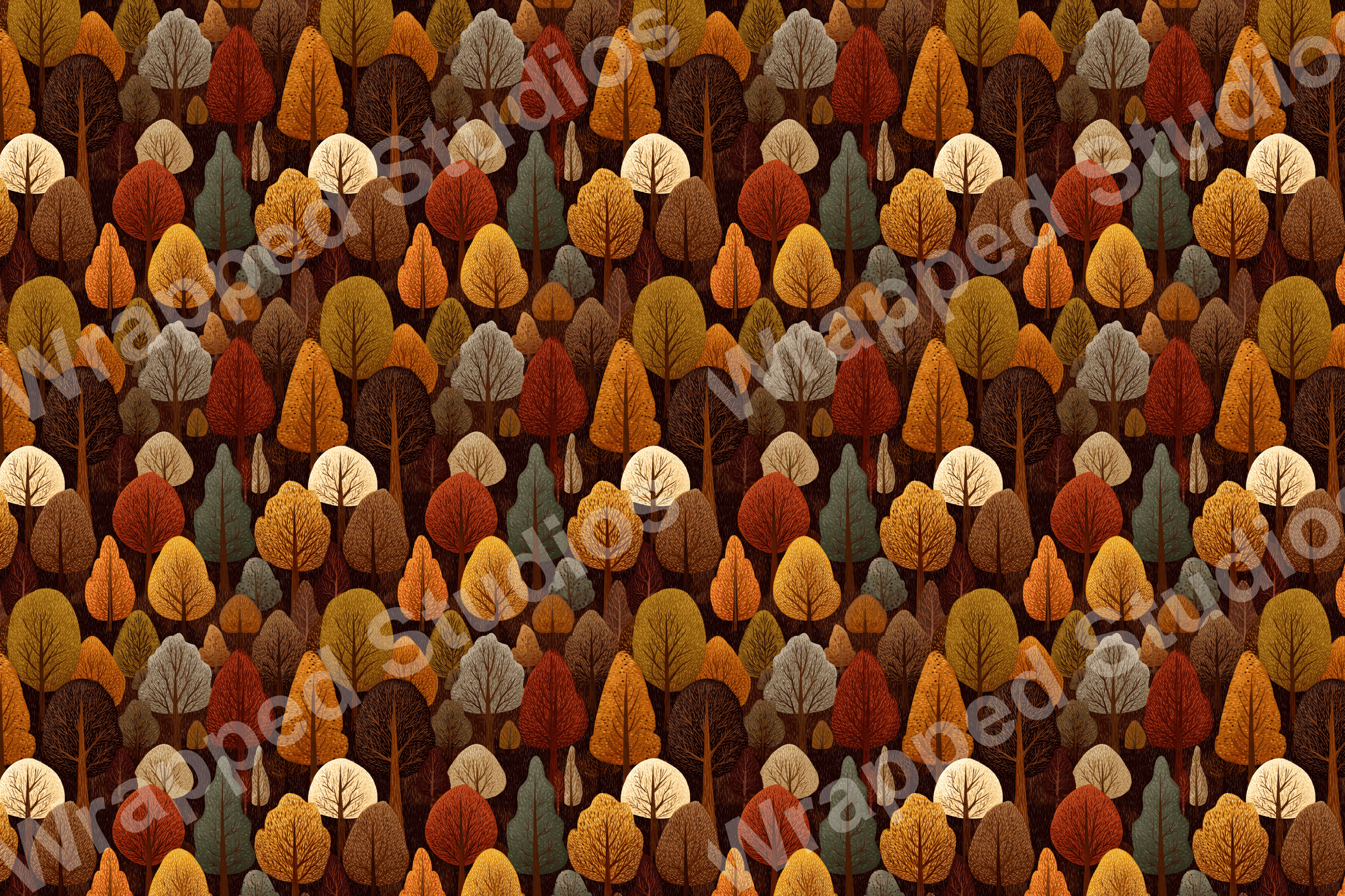Seamless woodland pattern with autumn-colored trees in shades of brown, orange, green, and gray.