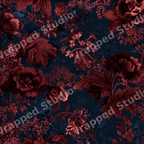 Moody vintage botanical floral pattern with elegant deep red flowers on a dark navy background.