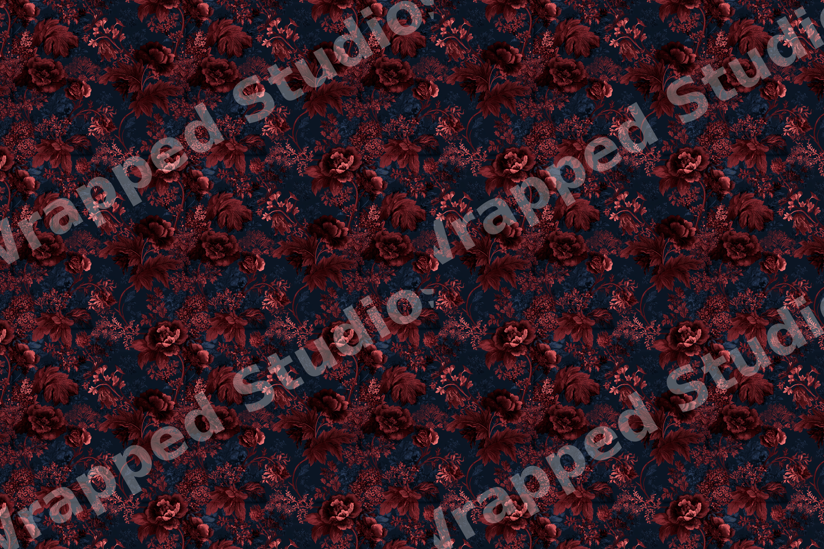 Moody floral pattern featuring burgundy flowers in a vintage botanical design on a dark navy background.