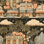 Vintage Art Deco tropical pattern with retro cars, palm trees, and hibiscus flowers under a starry night sky.