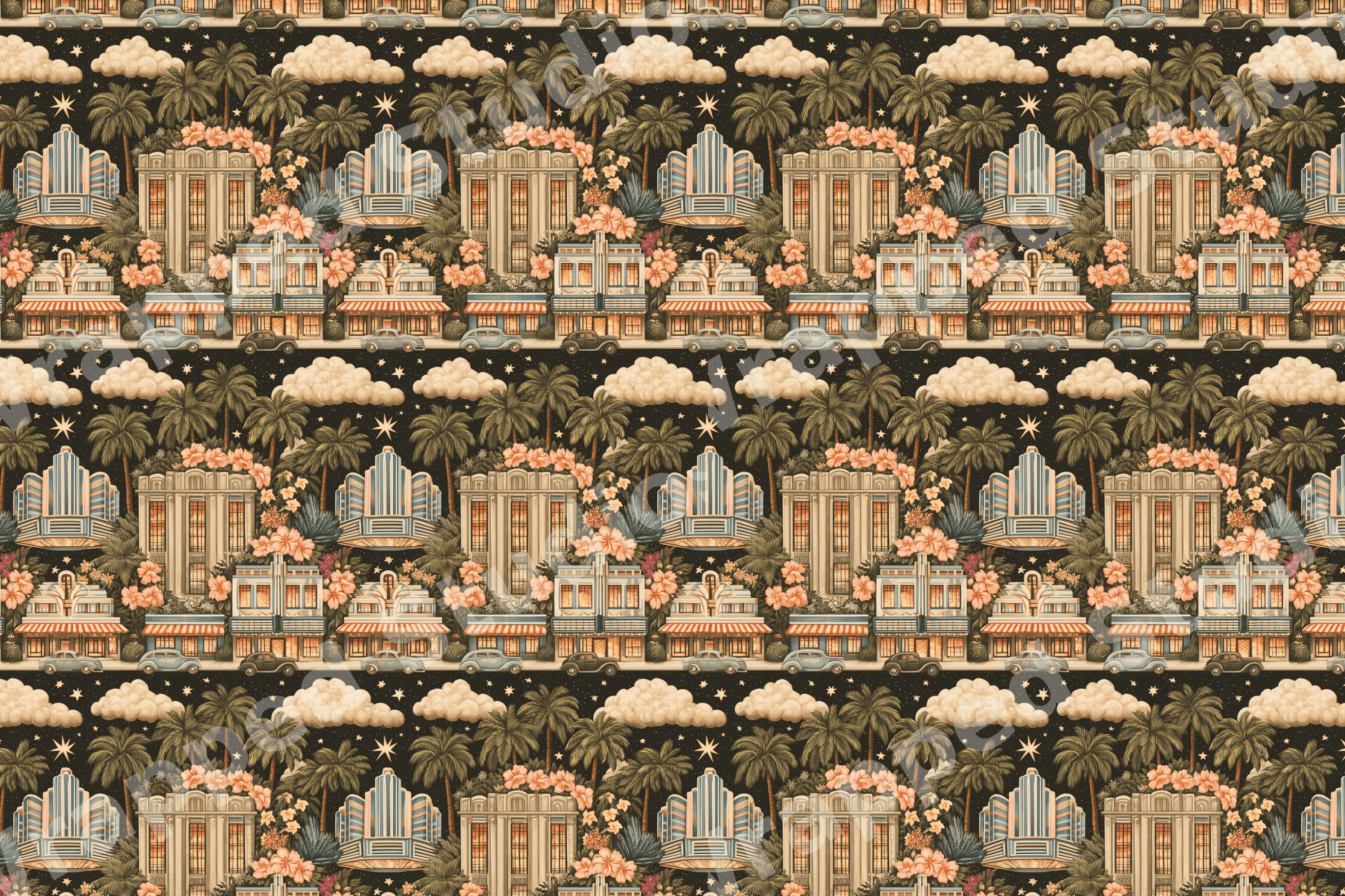 Retro Art Deco tropical pattern with vintage Miami buildings, palm trees, and classic cars on a starry night.