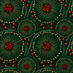Elegant holiday botanical pattern featuring gold-tipped pine needle bursts and red berries on dark green.