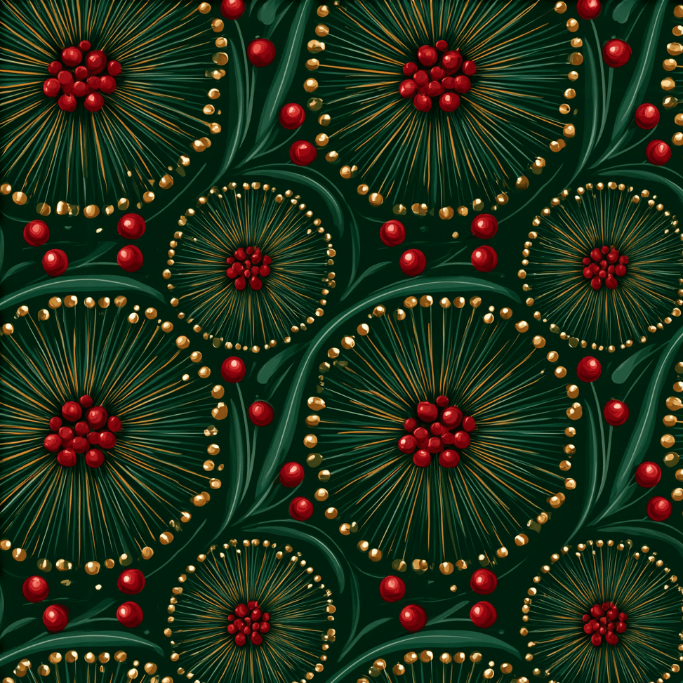 Elegant holiday botanical pattern featuring gold-tipped pine needle bursts and red berries on dark green.