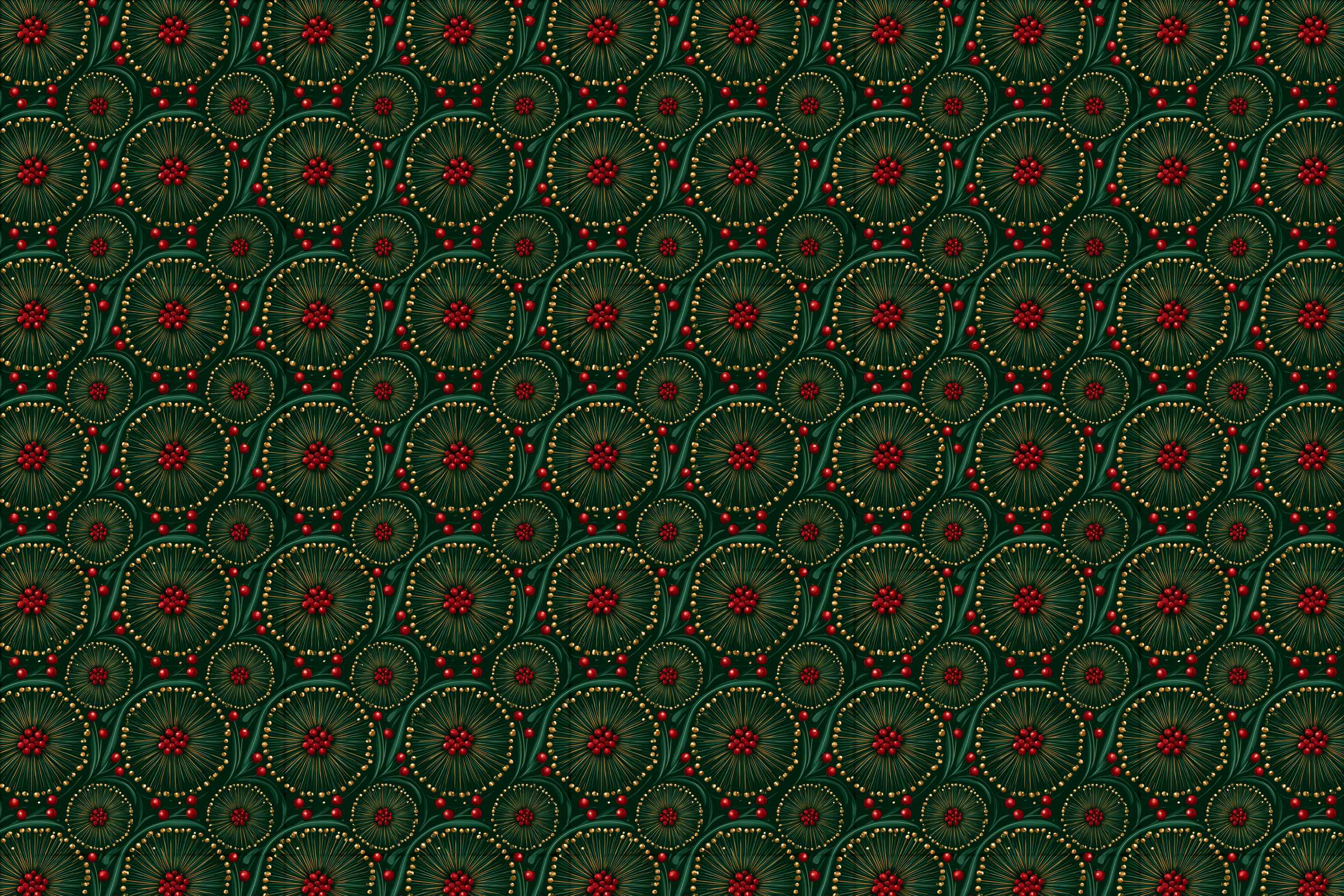Elegant vintage botanical pattern with gold floral motifs and red berries on deep green.