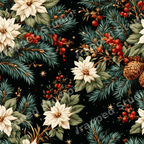 Vintage Christmas floral pattern with white poinsettias, pine branches, and red berries on a black background.