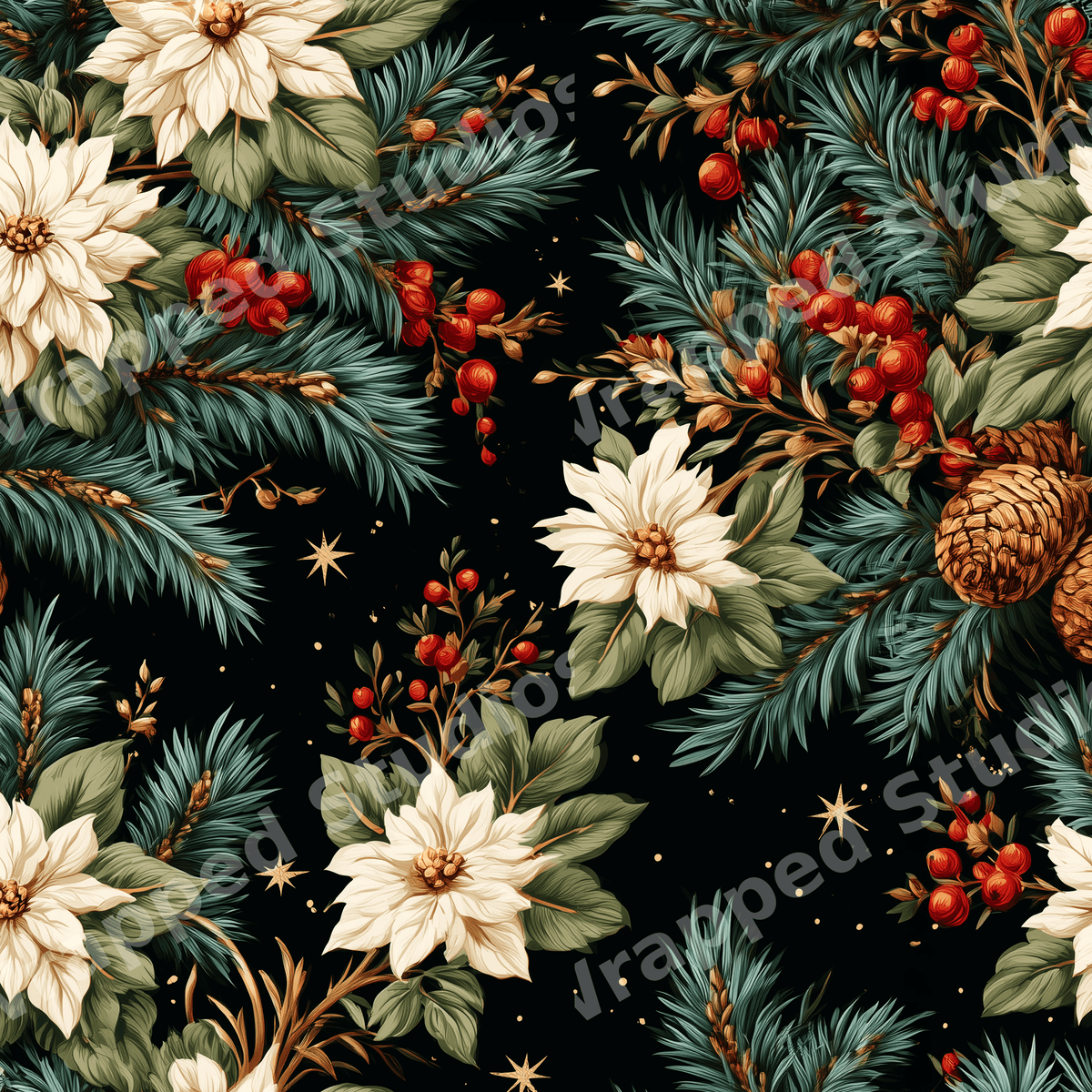 Vintage Christmas floral pattern with white poinsettias, pine branches, and red berries on a black background.