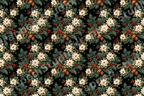 Vintage Christmas botanical pattern featuring white poinsettias, pinecones, and red berries on black.