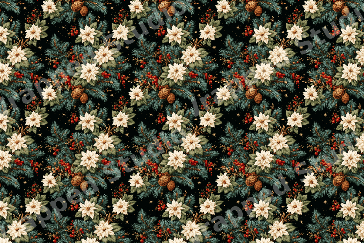 Vintage Christmas botanical pattern featuring white poinsettias, pinecones, and red berries on black.