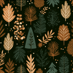 Cozy woodland botanical pattern with rustic pine trees and autumn leaves on a dark green background.