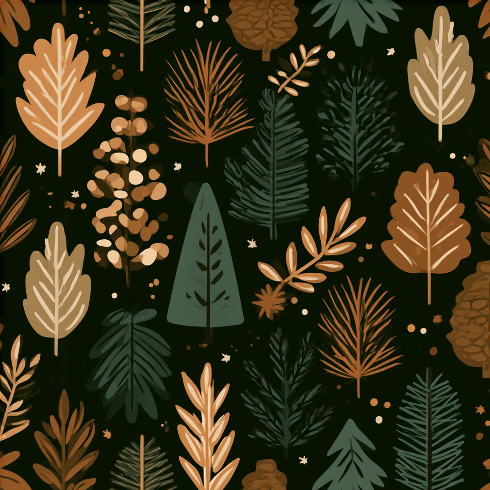 Cozy woodland botanical pattern with rustic pine trees and autumn leaves on a dark green background.