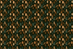 Vintage woodland forest pattern with rustic autumn trees and leaves on a dark green background.