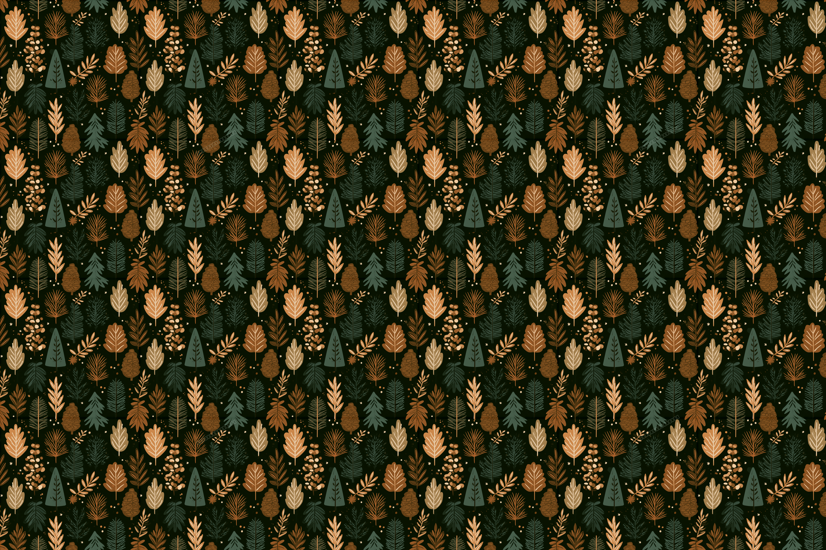 Vintage woodland forest pattern with rustic autumn trees and leaves on a dark green background.