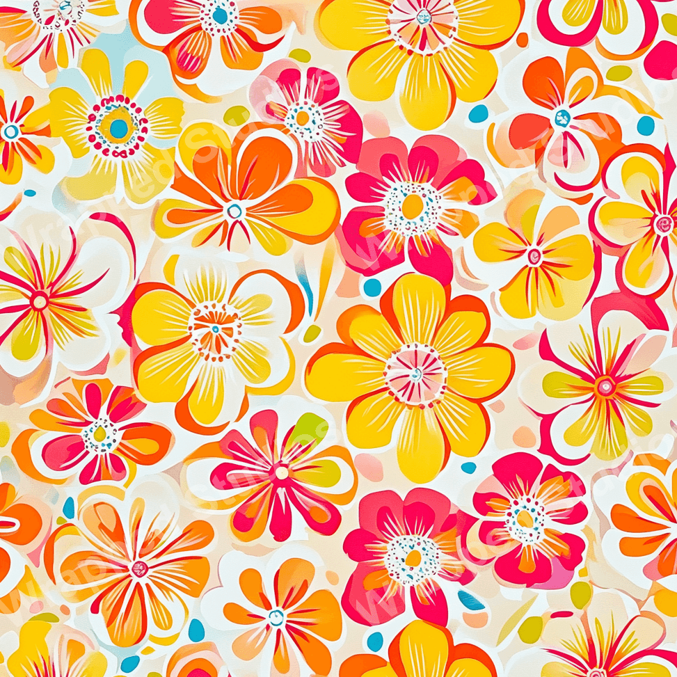 Seamless floral pattern with bright yellow, orange, and pink flowers on a light background.