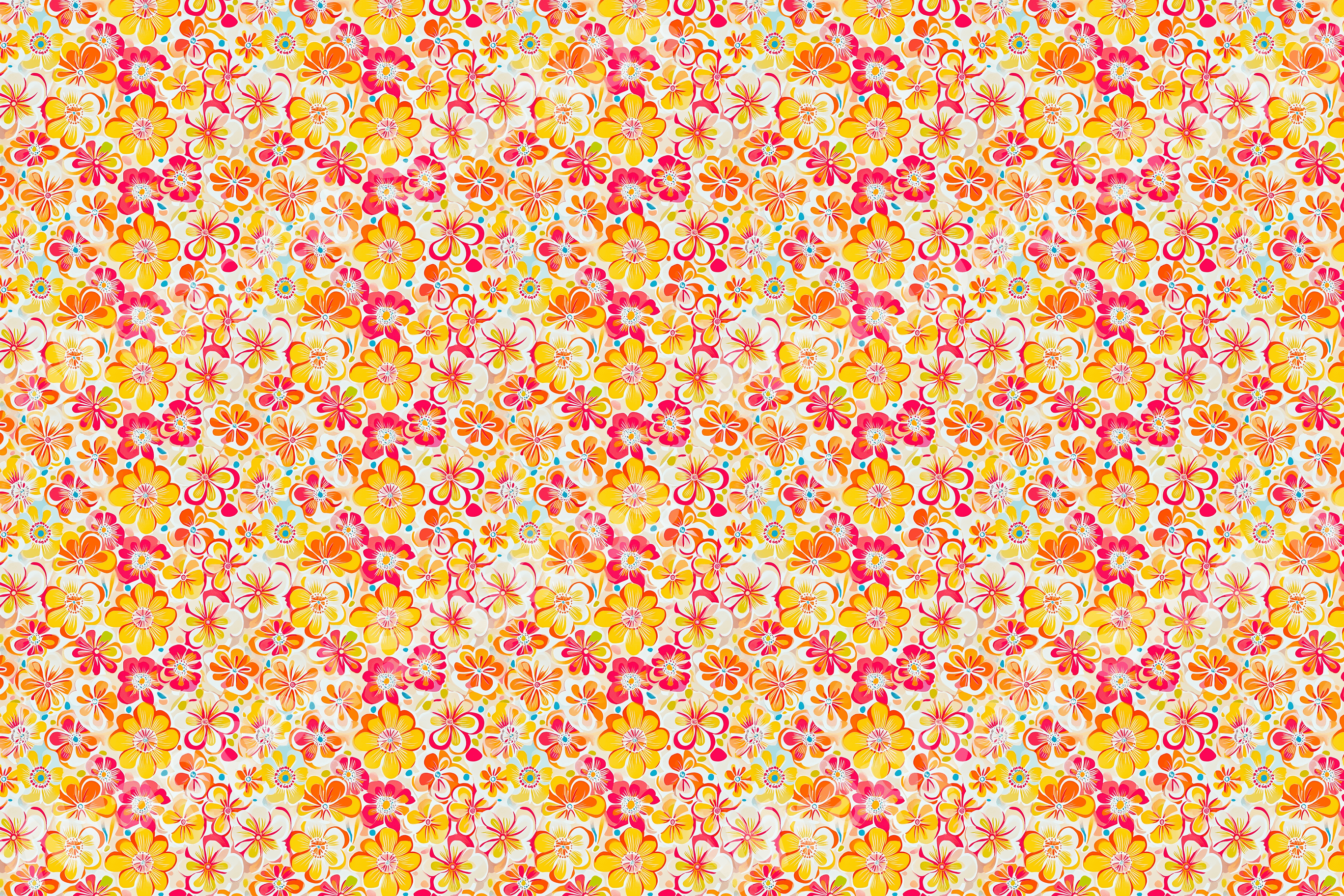 Vibrant floral pattern with yellow, orange, and pink blossoms on a light background.