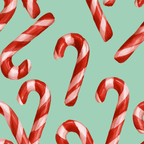 Watercolor Christmas candy cane pattern with red and white striped holiday sweets on a mint green background.