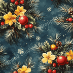 Vintage botanical design with pine branches, yellow flowers, red berries, and Christmas ornaments on teal.
