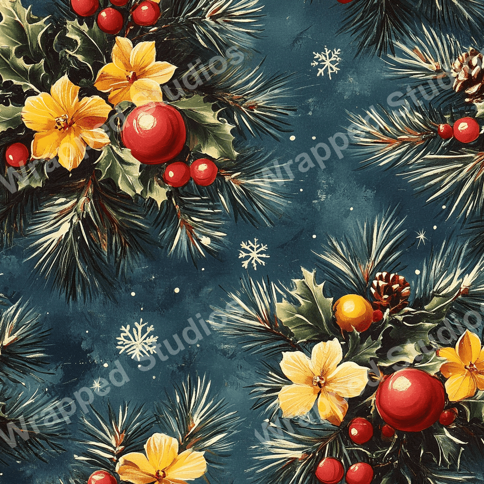 Vintage botanical design with pine branches, yellow flowers, red berries, and Christmas ornaments on teal.
