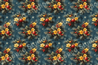 Seamless winter floral pattern with pine branches, ornaments, holly berries and snowflakes on teal.