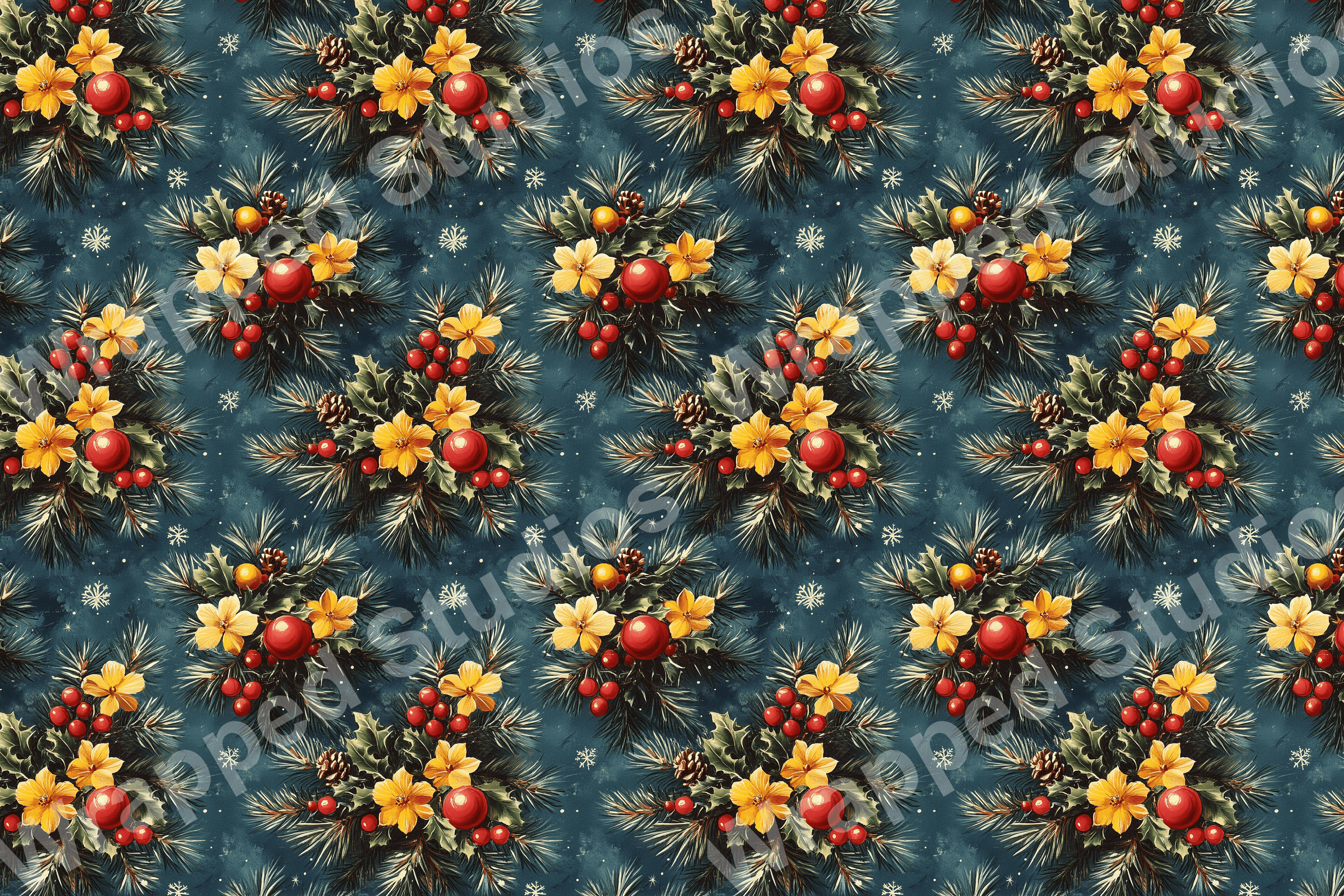 Seamless winter floral pattern with pine branches, ornaments, holly berries and snowflakes on teal.