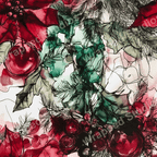 Watercolor floral pattern with red poinsettias, ornaments, and green pine branches and leaves.