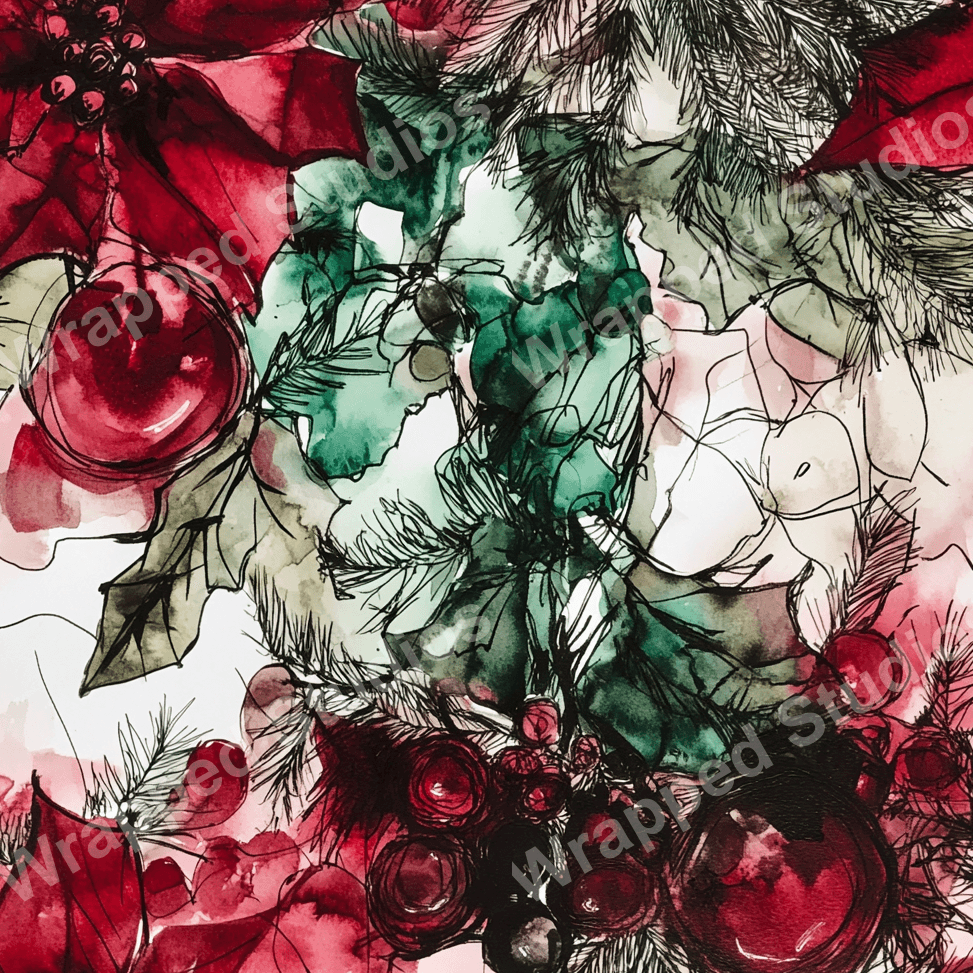 Watercolor floral pattern with red poinsettias, ornaments, and green pine branches and leaves.
