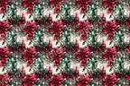 Seamless watercolor floral pattern with red poinsettias, ornaments, and green foliage.