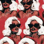 Retro chic Christmas pattern of glamorous women wearing Santa hats and sunglasses on red.