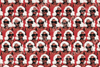 Retro Christmas pattern of glamorous women in Santa hats and sunglasses on a red background.