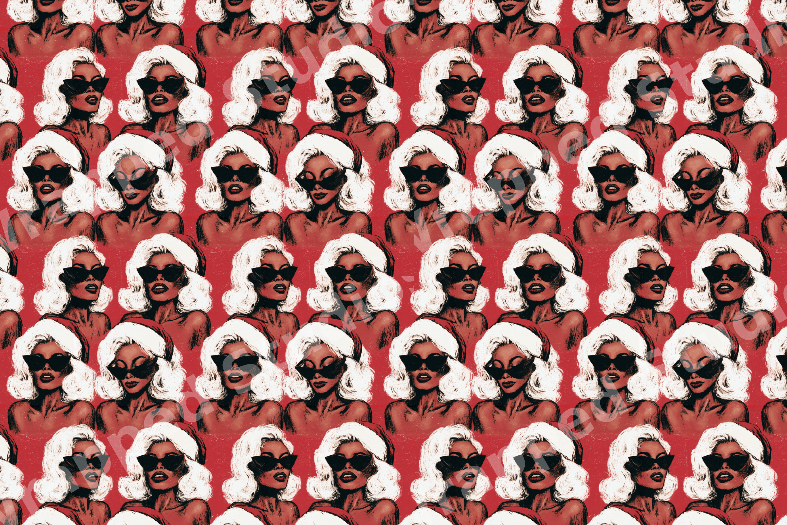 Retro Christmas pattern of glamorous women in Santa hats and sunglasses on a red background.