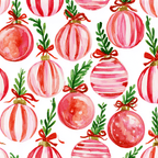 Seamless watercolor Christmas pattern with red and pink festive ornaments and green pine sprigs.