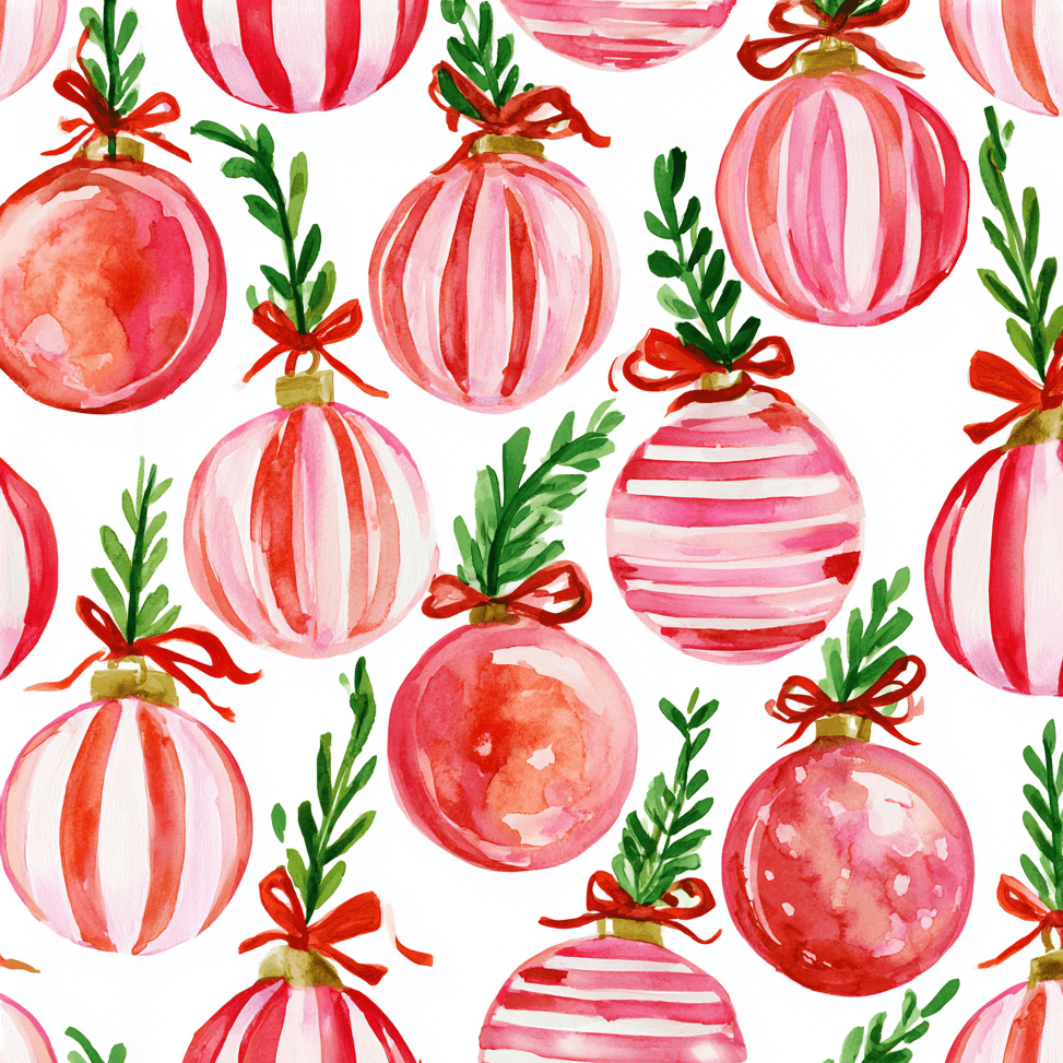 Seamless watercolor Christmas pattern with red and pink festive ornaments and green pine sprigs.