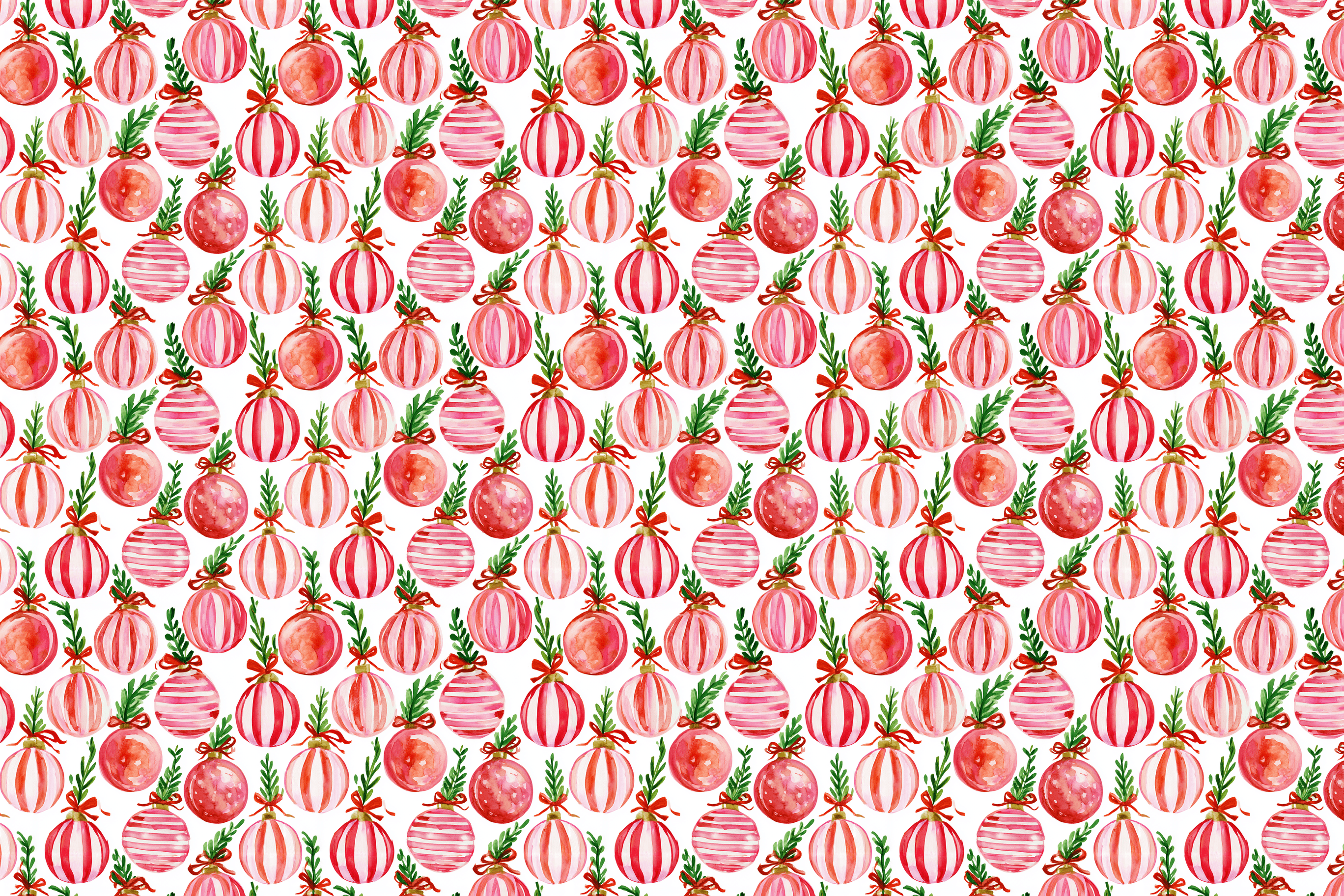 Watercolor Christmas pattern with festive red and pink holiday ornaments and green pine sprigs.
