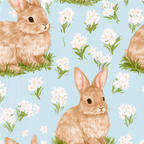 Seamless bunny pattern featuring cute brown rabbits and white wildflowers on a soft blue background.