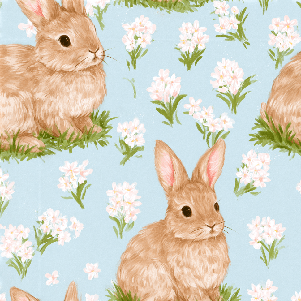 Seamless bunny pattern featuring cute brown rabbits and white wildflowers on a soft blue background.