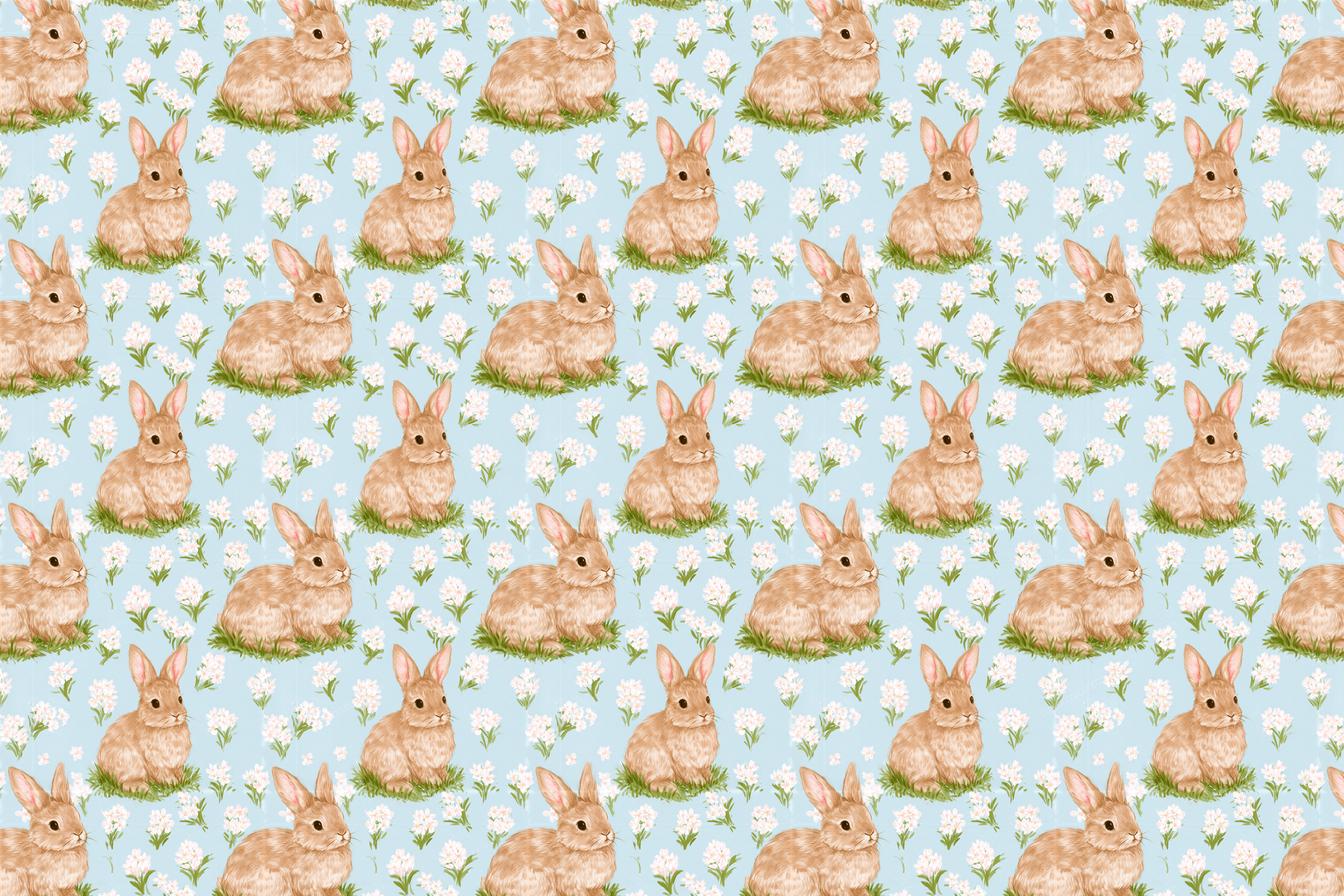Vintage watercolor bunny and floral pattern featuring brown rabbits and white flowers on a light blue background.