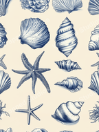 Classic blue and cream nautical pattern with seashells, starfish, and coral motifs.