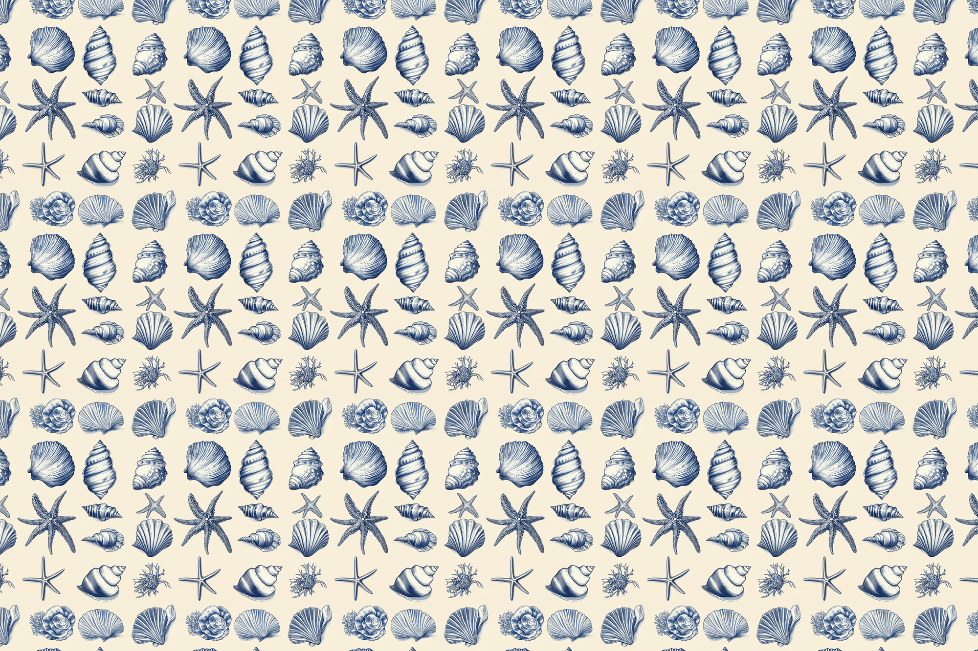 Pattern of blue sea shells and starfish on a beige background. Wrapped Studios luxury wrapping paper.