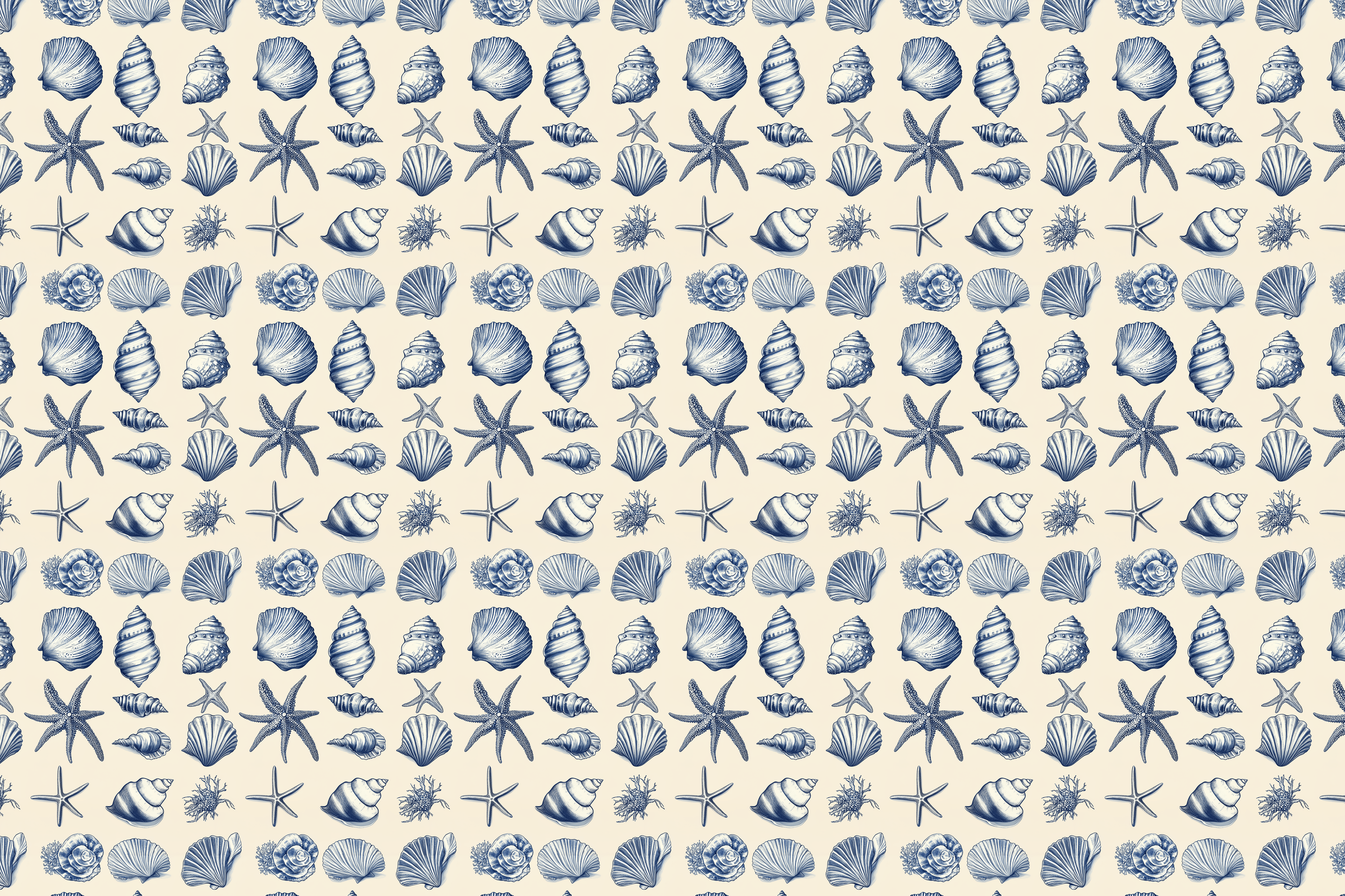 Pattern of blue sea shells and starfish on a beige background. Wrapped Studios luxury wrapping paper.
