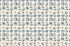 Blue and white vintage seashell pattern with starfish and sea flora motifs.