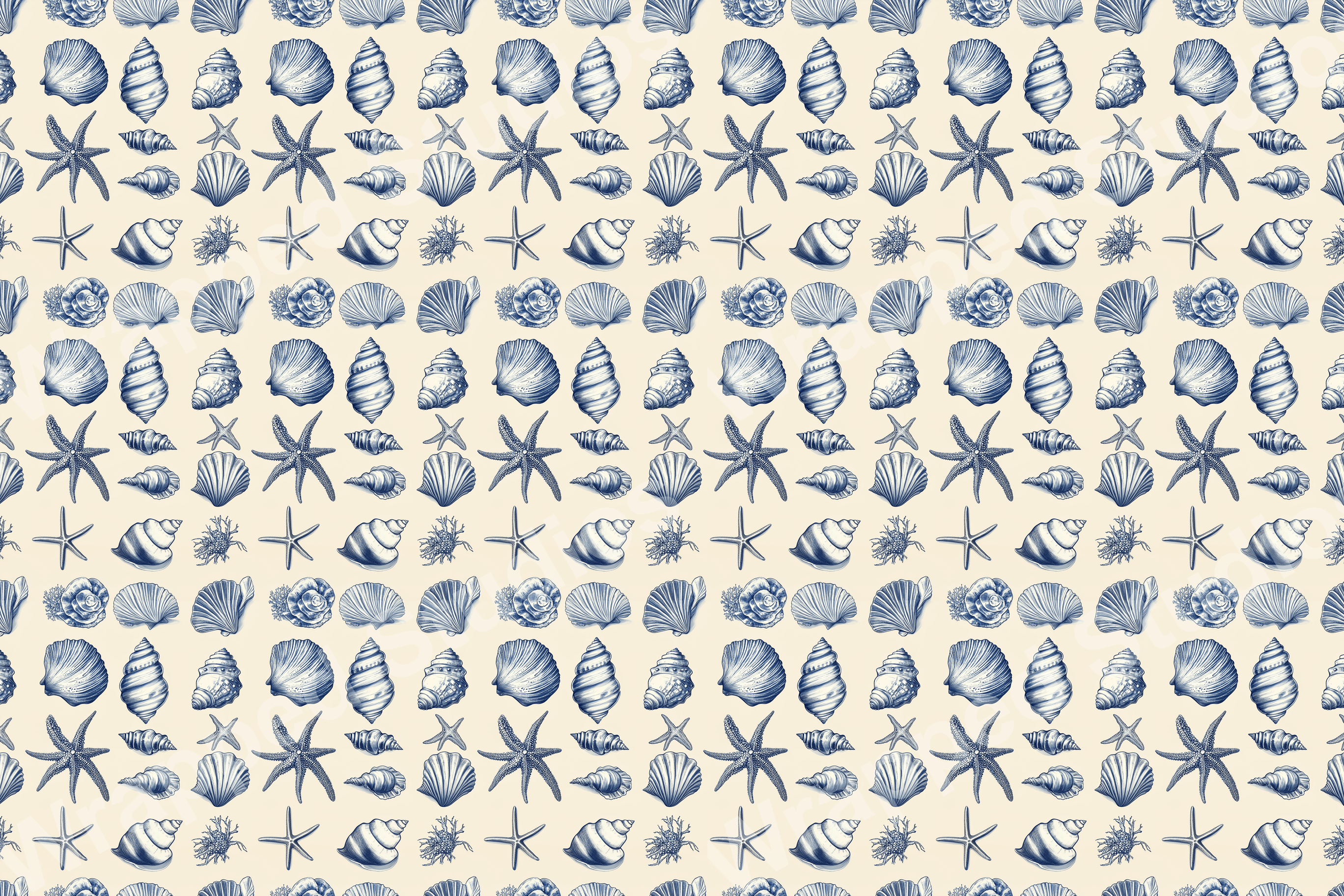 Blue and white vintage seashell pattern with starfish and sea flora motifs.