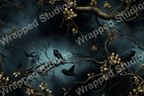 Dark floral pattern with golden blossoms and blackbirds on swirling branches.