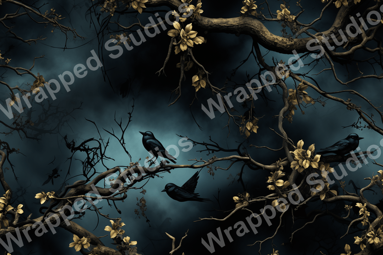 Dark floral pattern with golden blossoms and blackbirds on swirling branches.
