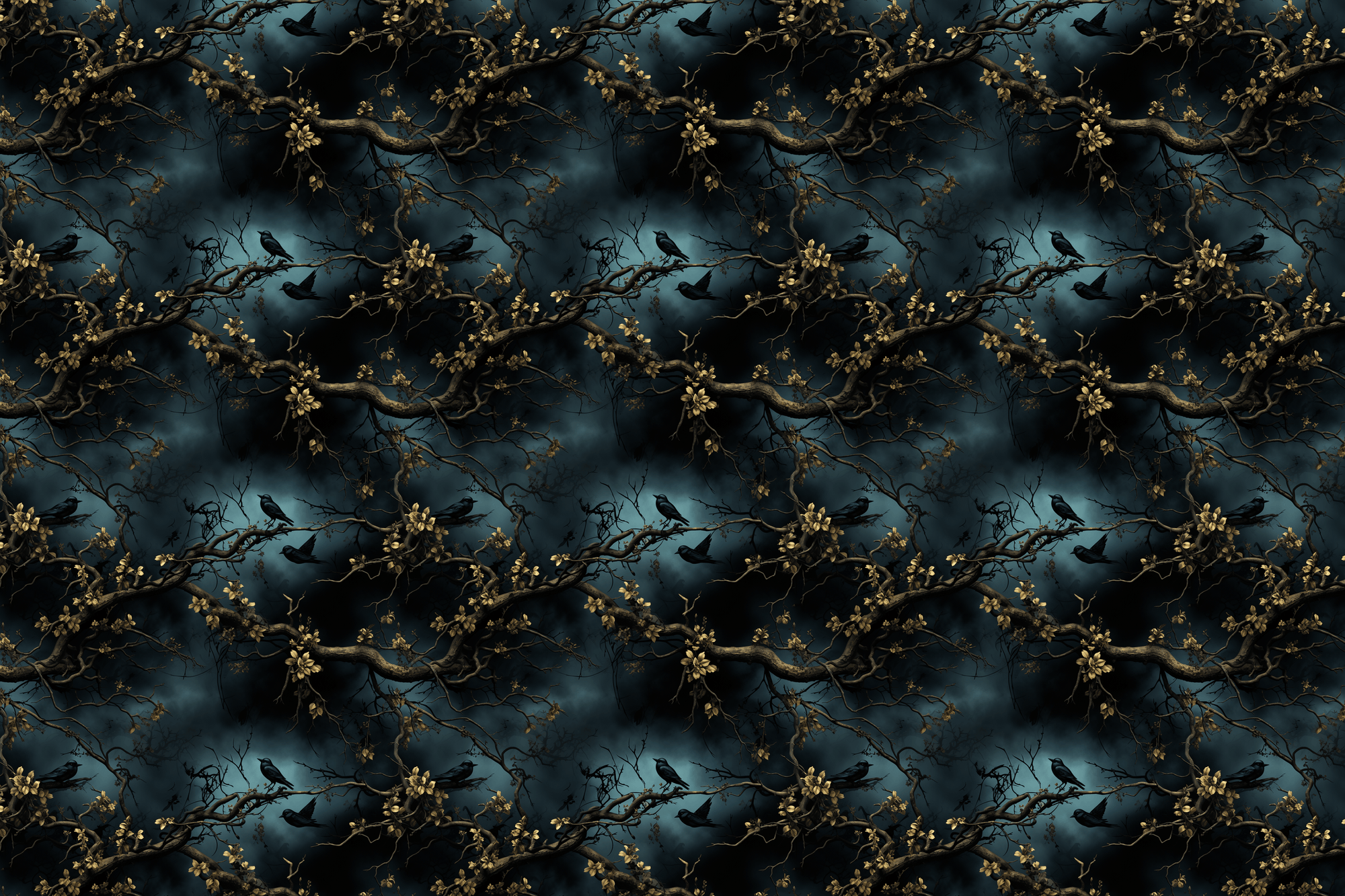 Pattern of birds on branches against a dark blue background