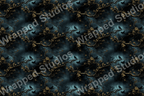 Seamless pattern of flowering branches with birds in dark teal and gold tones.