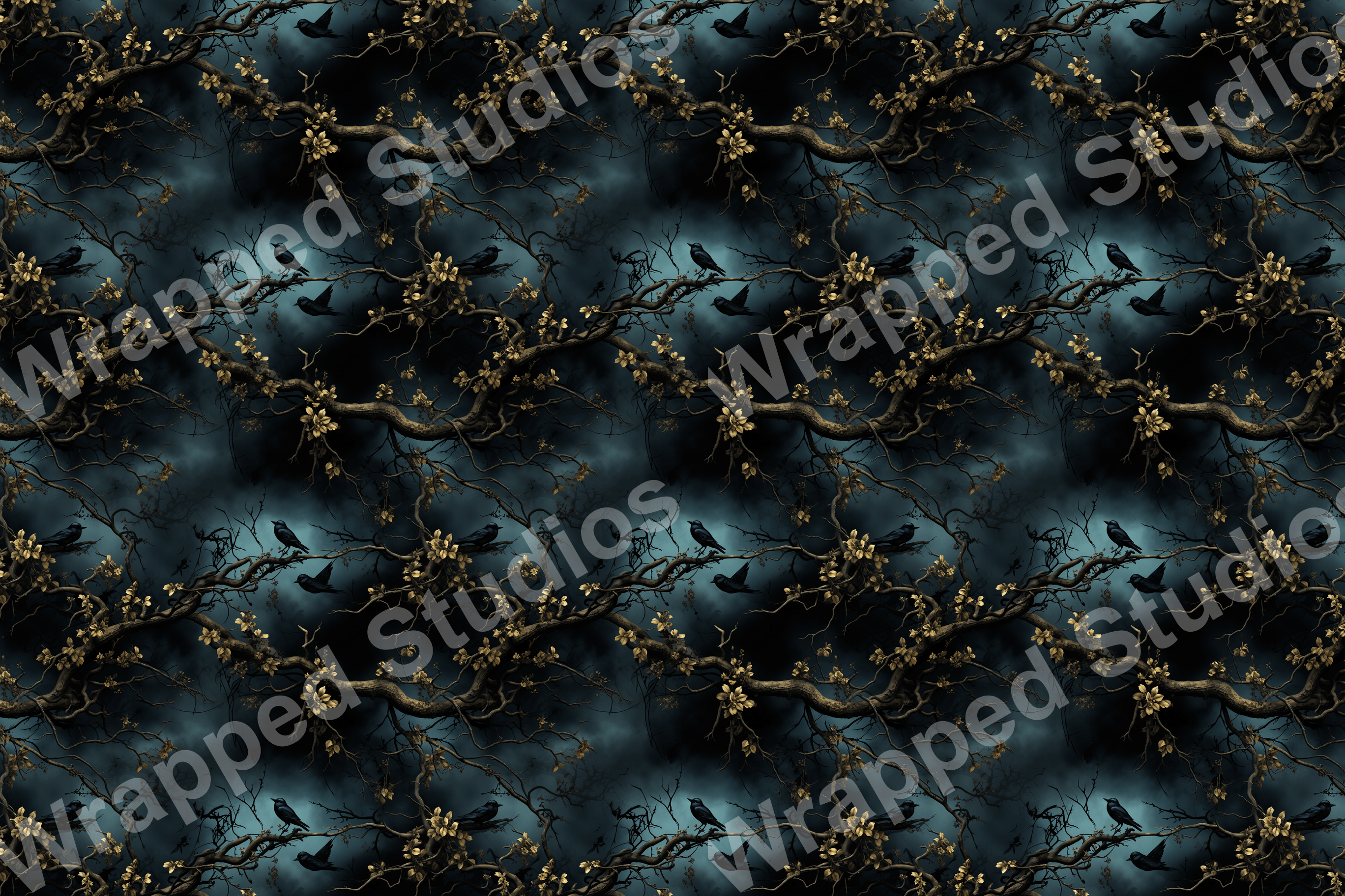 Seamless pattern of flowering branches with birds in dark teal and gold tones.