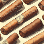 Seamless pattern design of brown cigars with vintage-style labels on a beige background.